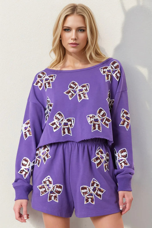 Sarah Express Women's Sequin Bow Cropped Top and Shorts Set Lavender