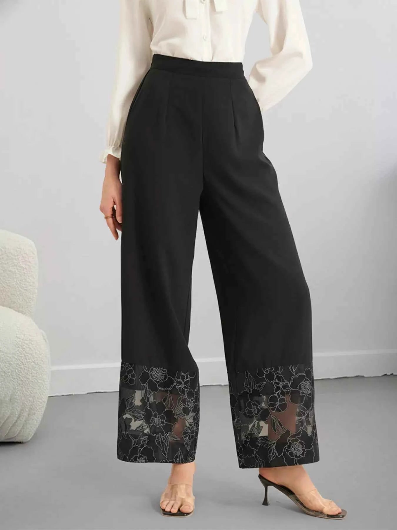 Sarah Express Women's Floral Lace Hem Wide Leg Pants Black