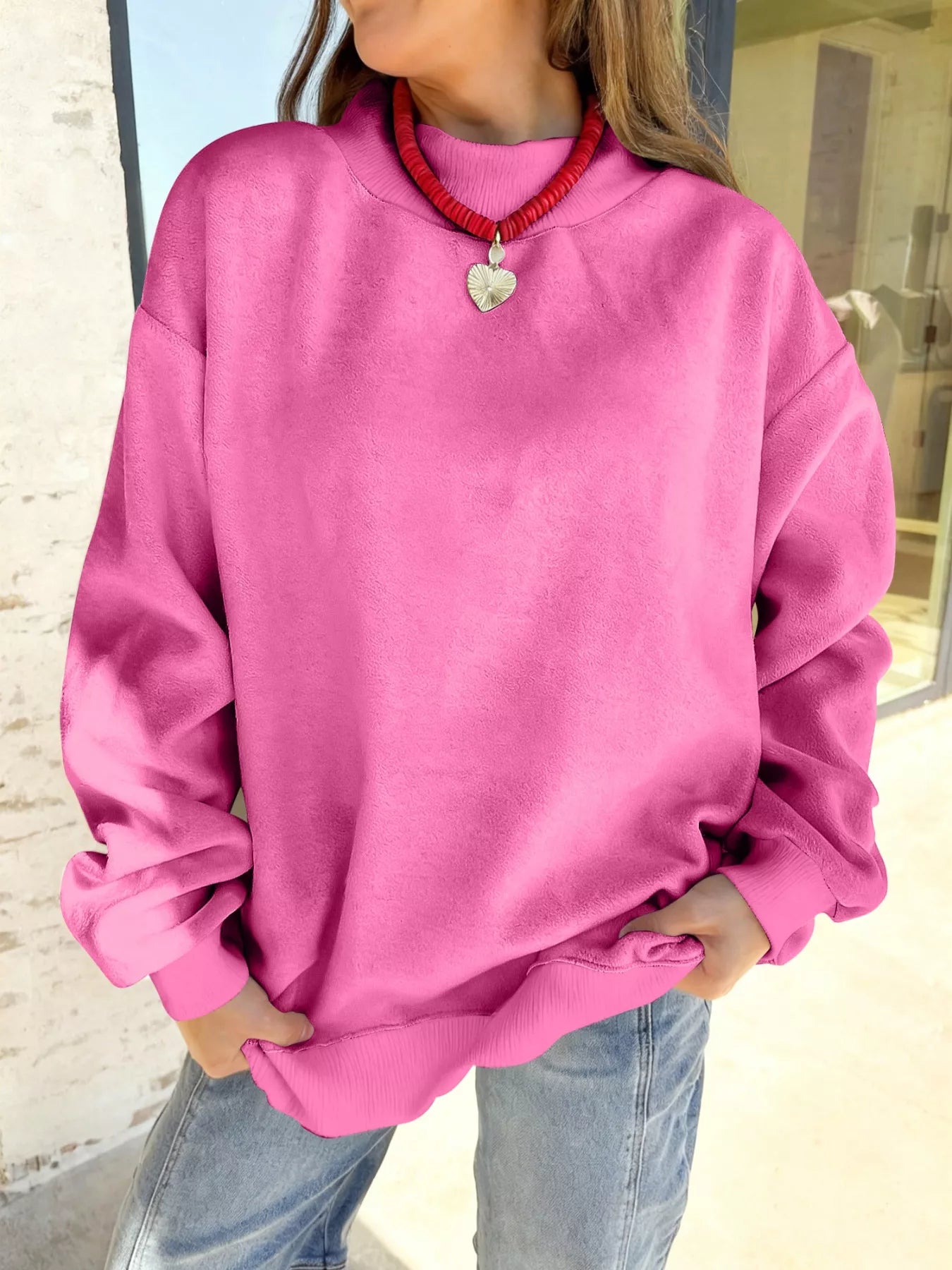 Sarah Express Women's Casual Solid Color Mock Neck Sweatshirt Pink