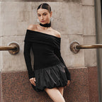 Sarah Express Off-Shoulder High Waist Dress Long Sleeve Contrast Stitching