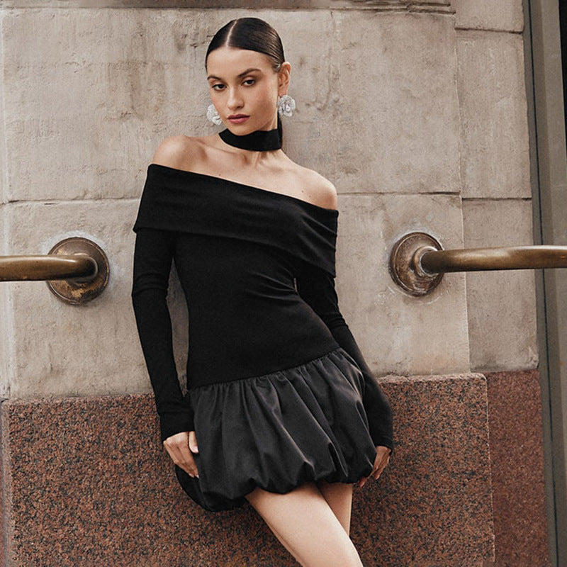 Sarah Express Off-Shoulder High Waist Dress Long Sleeve Contrast Stitching