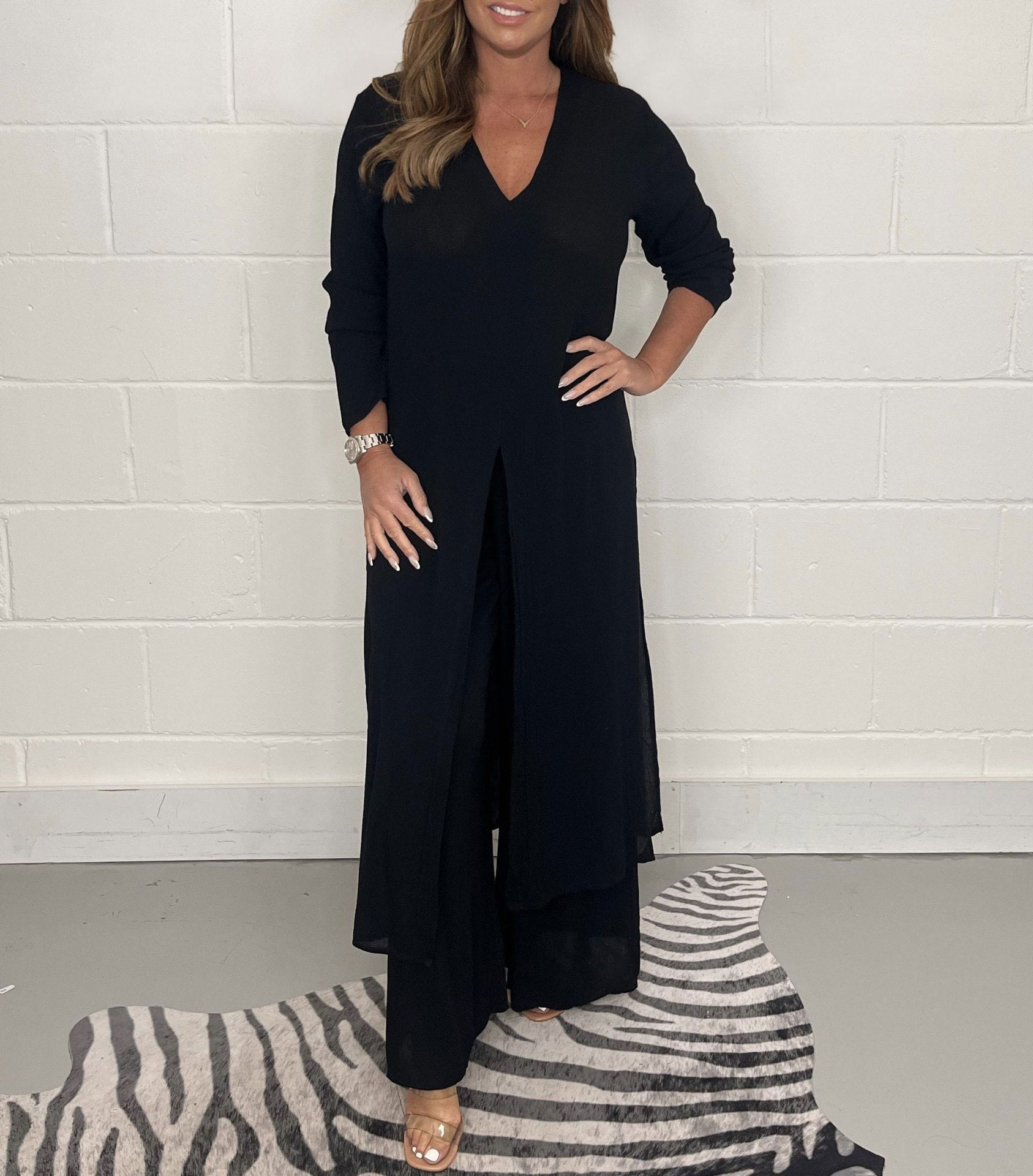 Sarah Express Women's Two-Piece Set Long Tunic Top Pants - Casual Minimalist Solid Color Plus Size