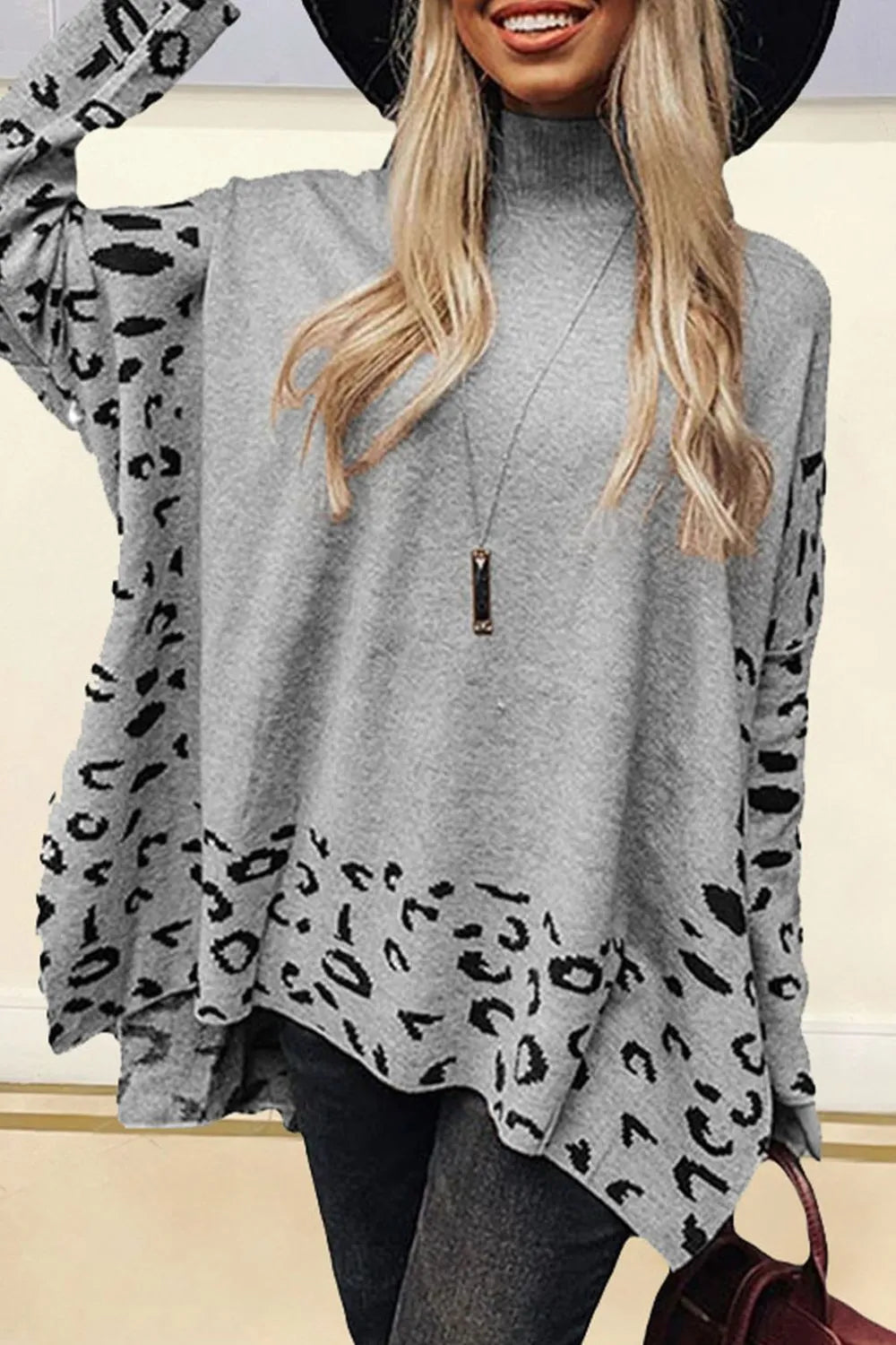 Sarah Express Women's Leopard Print Mock Neck Dropped Shoulder Sweater Gray