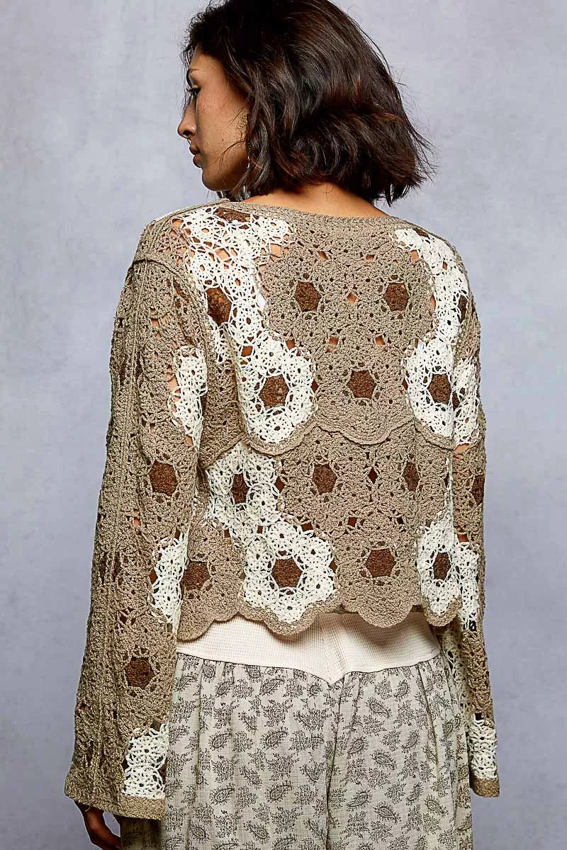 Sarah Express Women's Floral Weave Pattern Crochet Cropped Top with Beads Detail