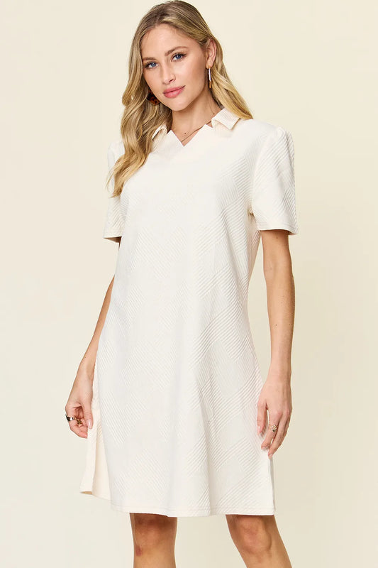 Sarah Express Women's Textured Collared Neck Short Sleeve Dress White
