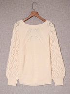 Sarah Express Women's Openwork Round Neck Long Sleeve Sweater