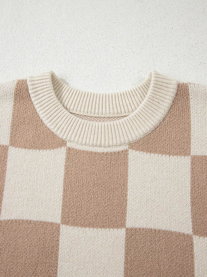 Sarah Express Women's Checkered Pattern Ribbed Trim Knit Baggy Sweater