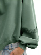 Sarah Express Women's Lace Detail Notched Long Sleeve Sweatshirt - Oversized Casual Pullover