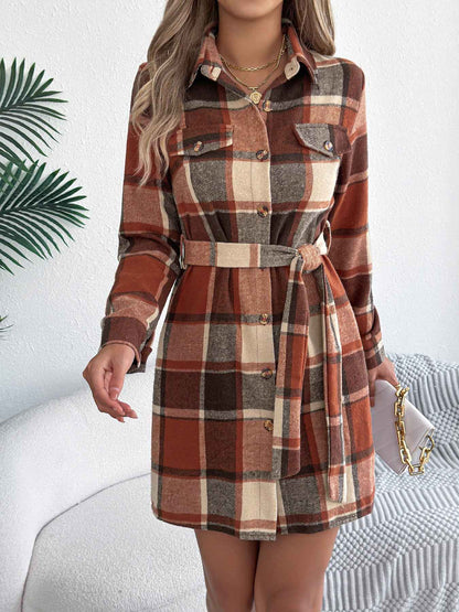 Sarah Express Women's Color-Blocked Plaid Tweed Shirt Dress with Tie Waist