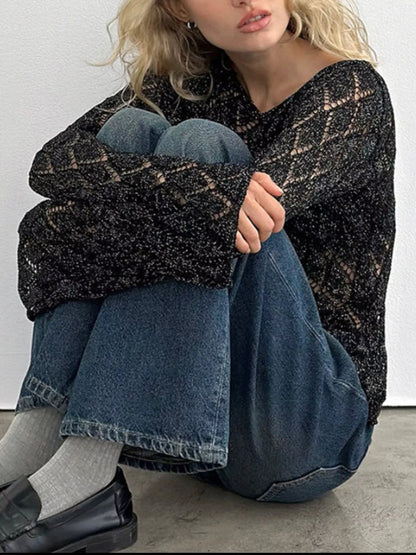 Sarah Express Women's Openwork Long Sleeve Sweater