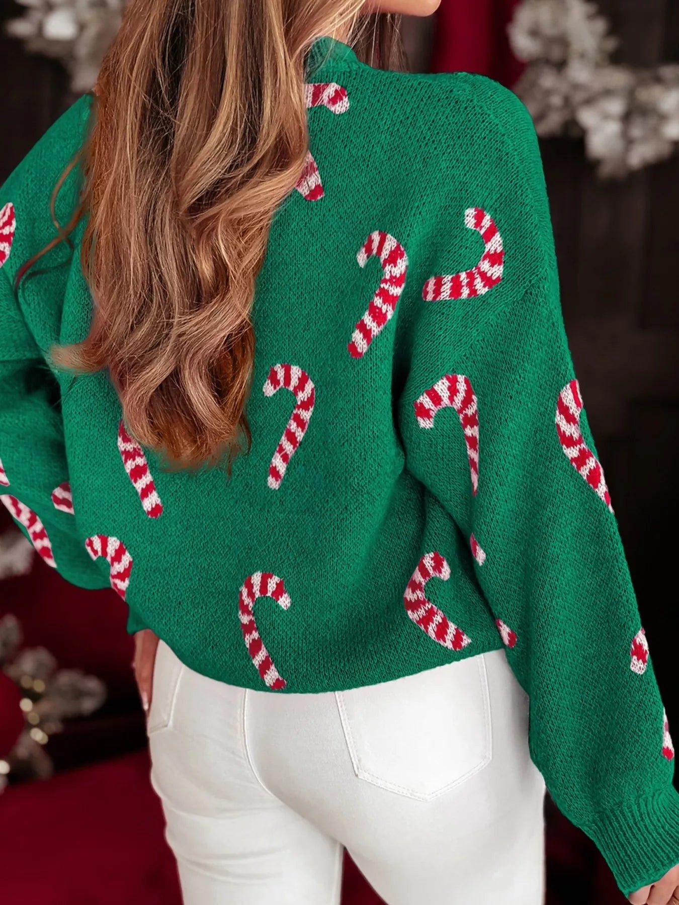 Sarah Express Women's Christmas Candy Cane Holiday Drop Shoulder Sweater