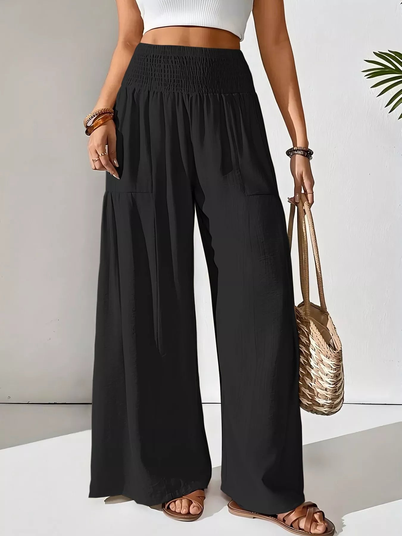 Sarah Express Women's Smocked Waist Wide Leg Pants