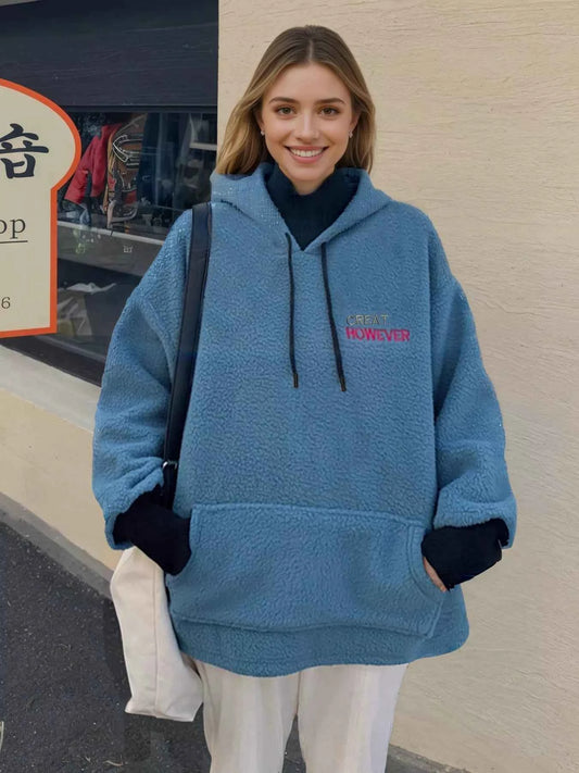 Sarah Express Women's Sherpa Fleece Hoodie with Kangaroo Pocket and Drawstring Blue One Size