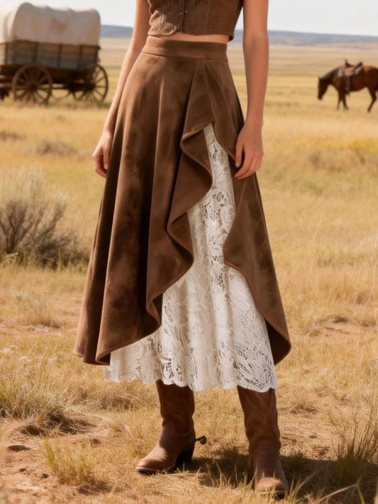 Sarah Express Women's Suede & Lace Midi Skirt - Asymmetrical Ruffled Layered Design Dark Brown