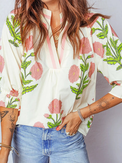 Sarah Express Women's Floral Print 3/4 Sleeve Blouse - Casual Cotton Blend Top