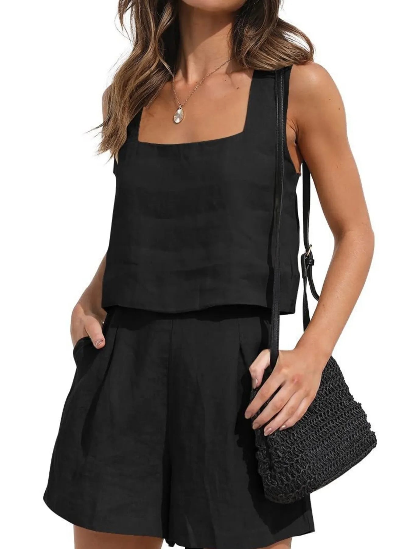 Sarah Express Women's Square Neck Tank and Shorts Set Black