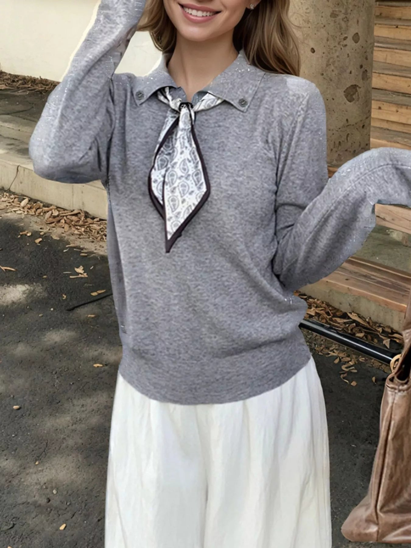 Sarah Express Women's Scarf-Accented Long Sleeve Sweater Gray One Size