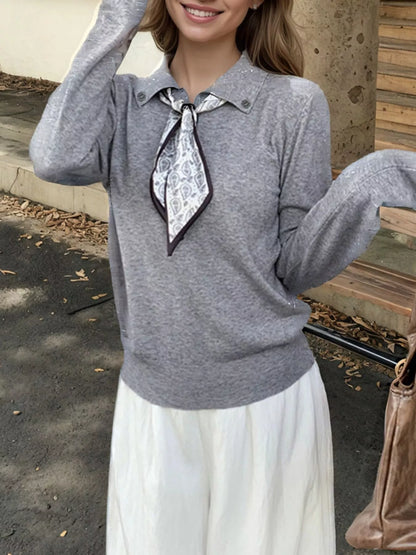 Sarah Express Women's Scarf-Accented Long Sleeve Sweater Gray One Size