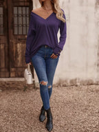 Sarah Express Women's V-Neck Long Sleeve T-Shirt - Button Detail Casual Top