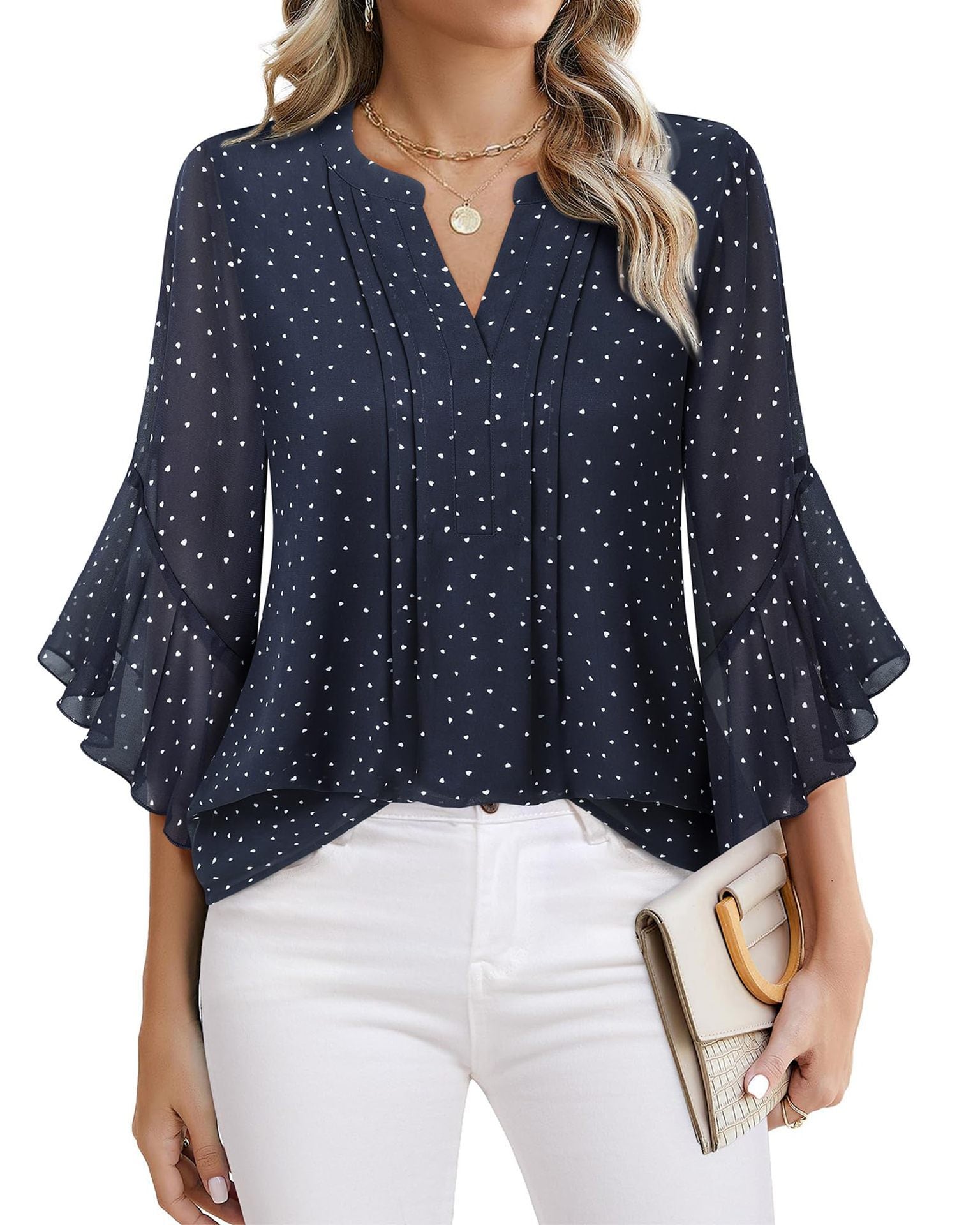 Sarah Express Women's Lotus Leaf Ruffle Sleeve Pullover Top Loose Fit 3/4 Sleeve