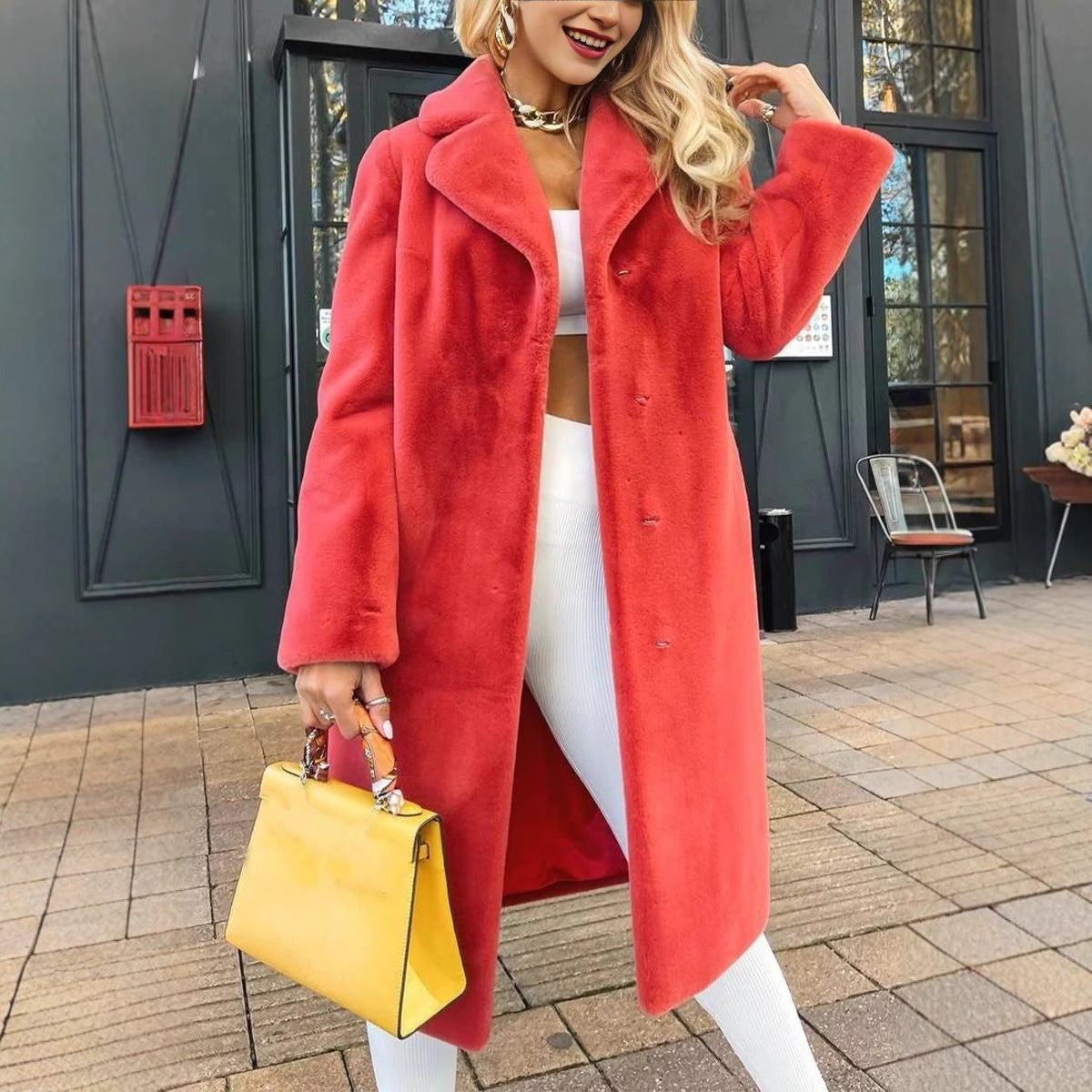Sarah Express Lace-Up Plush Long Coat Turn-Down Collar Outerwear