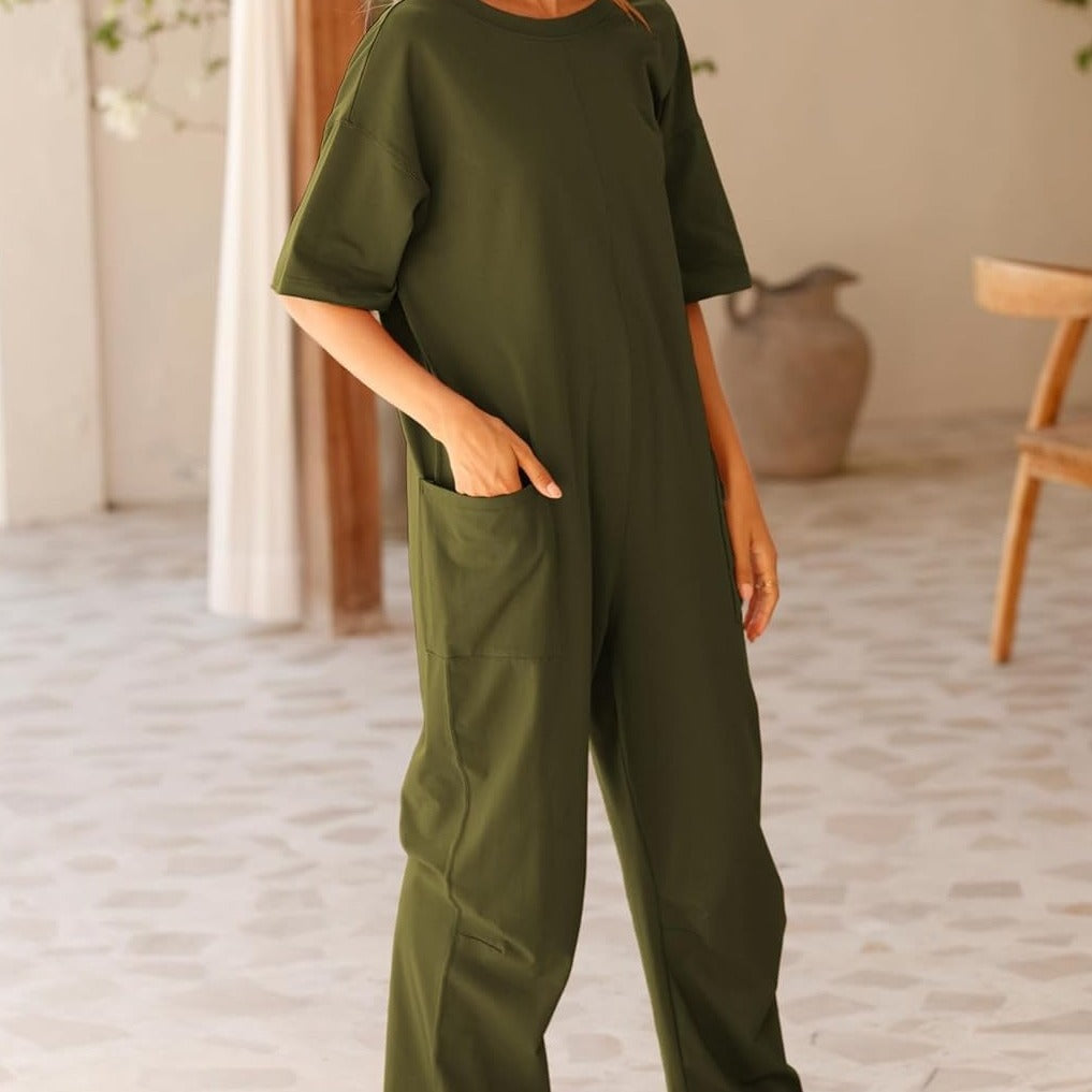 Sarah Express Women's V-Neck Jumpsuit Stretch Polyester with Pockets Casual Spring Summer One-Piece