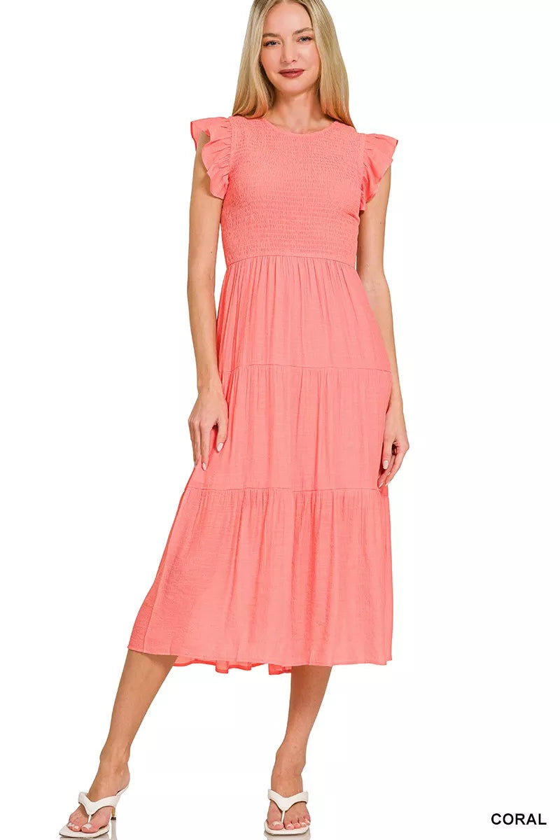Sarah Express Women's Woven Smocked Ruffle Sleeve Midi Dress CORAL