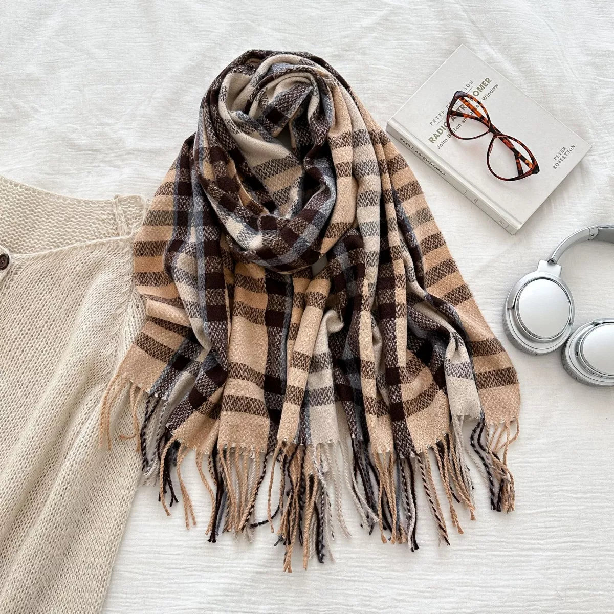 Sarah Express Women's Warm Plaid Fringe Scarf Style F One Size