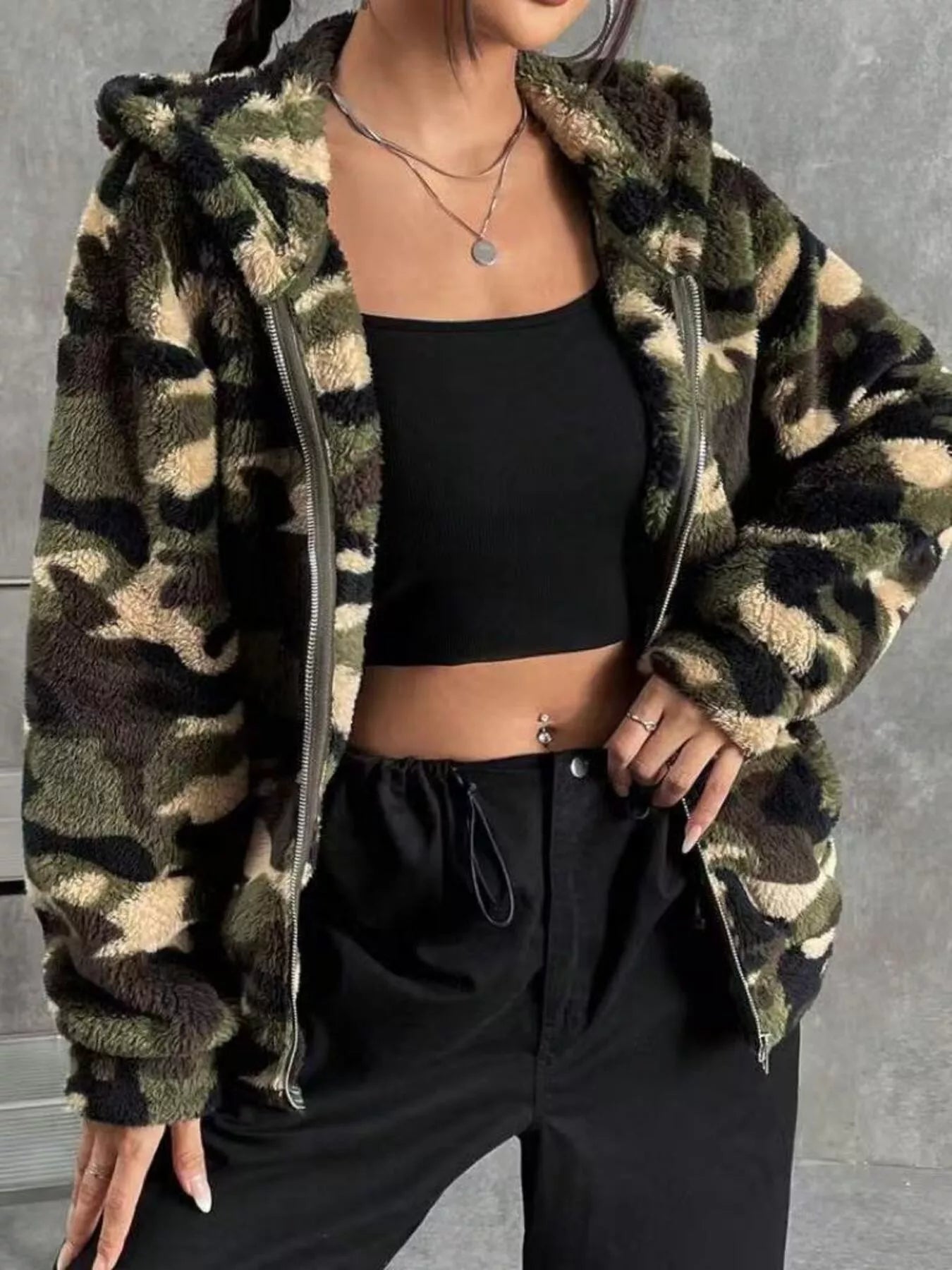 Sarah Express Women's Fuzzy Camo Zip-Up Hoodie