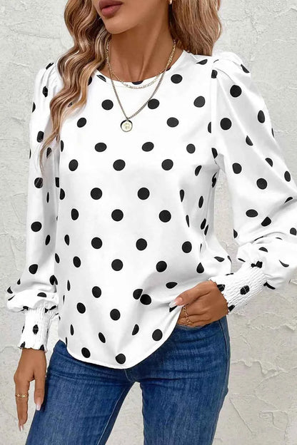 Sarah Express Women's Polka Dot Blouse - Long Sleeve Frilled Round Neck Top