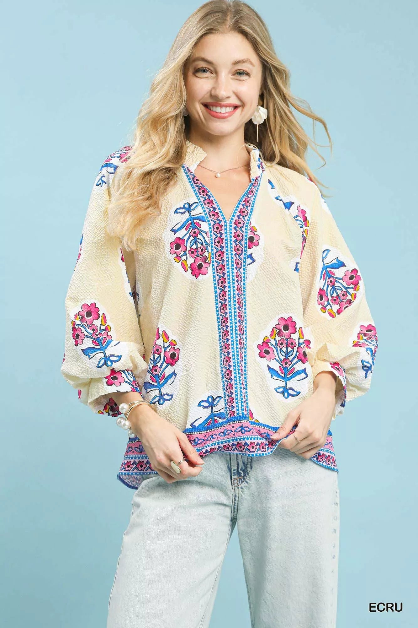 Sarah Express Women's Boho Floral Print Tunic Blouse ECRU