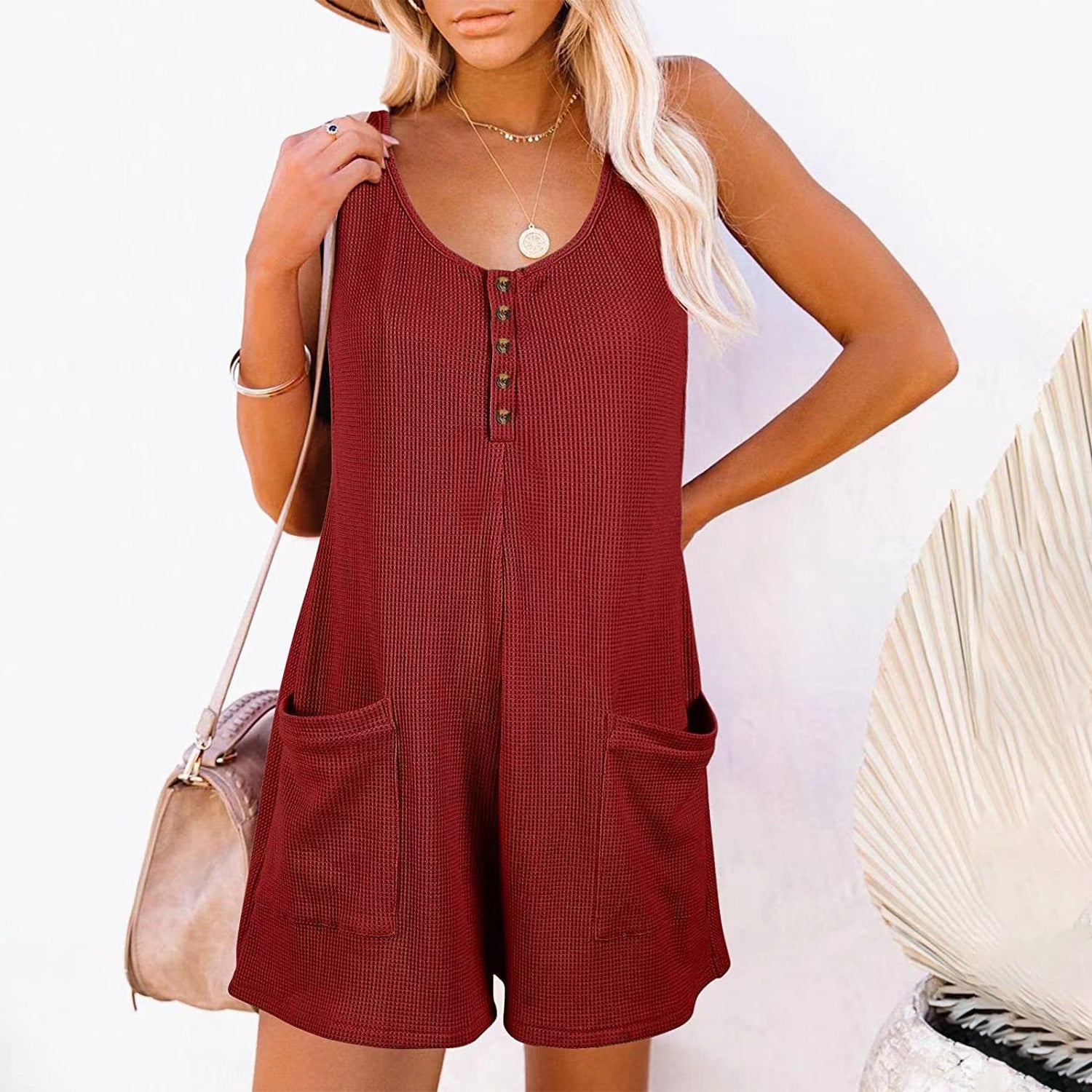 Sarah Express Women's Button Front Sleeveless Romper with Pockets