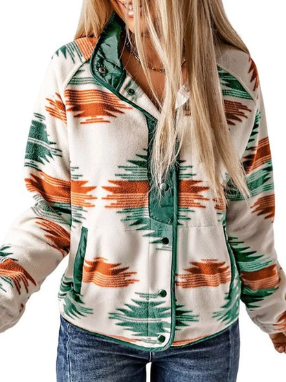 Sarah Express Women's Geometric Print Snap Button Jacket - Casual Lightweight Outerwear