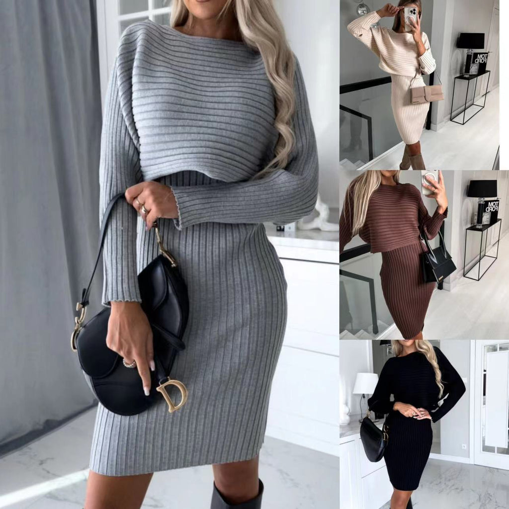 Sarah Express Women's Solid Color Sweater and Woolen Skirt Two-Piece Matching Set