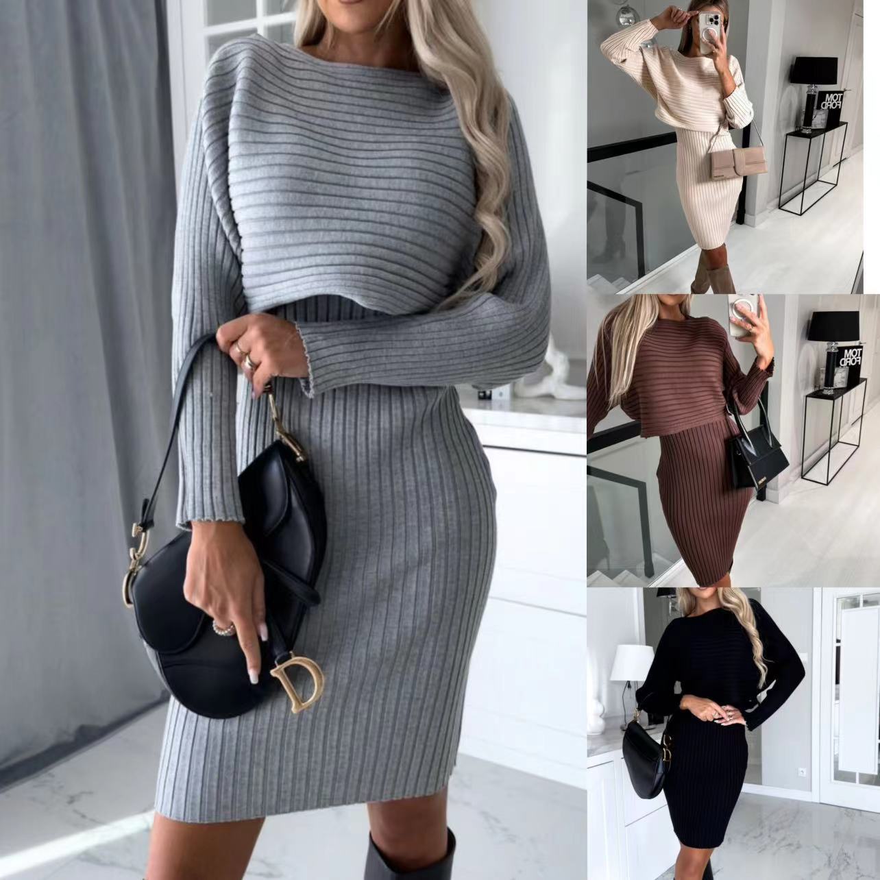 Sarah Express Women's Solid Color Sweater and Woolen Skirt Two-Piece Matching Set