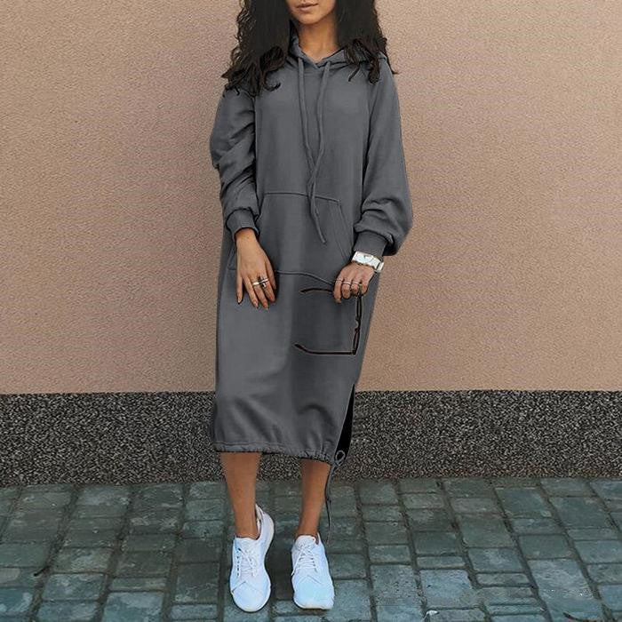 Sarah Express Women's Hooded Sweatshirt Dress Long Sleeve Midi Casual Pockets