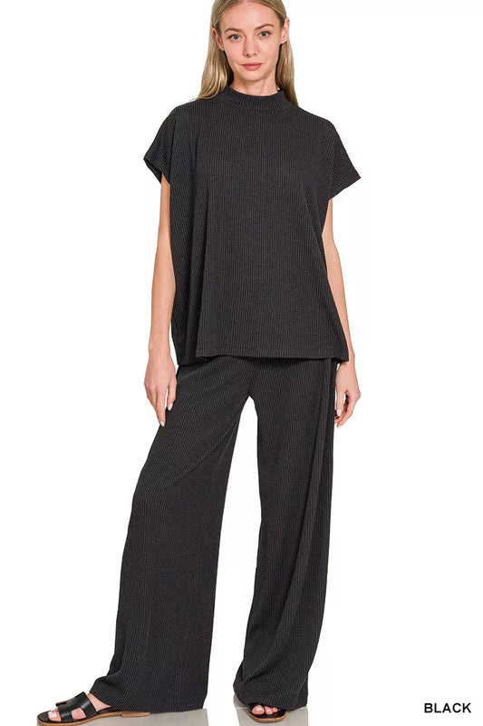 Sarah Express Women's Raised Rib Short Sleeve Tee & Pants Set BLACK