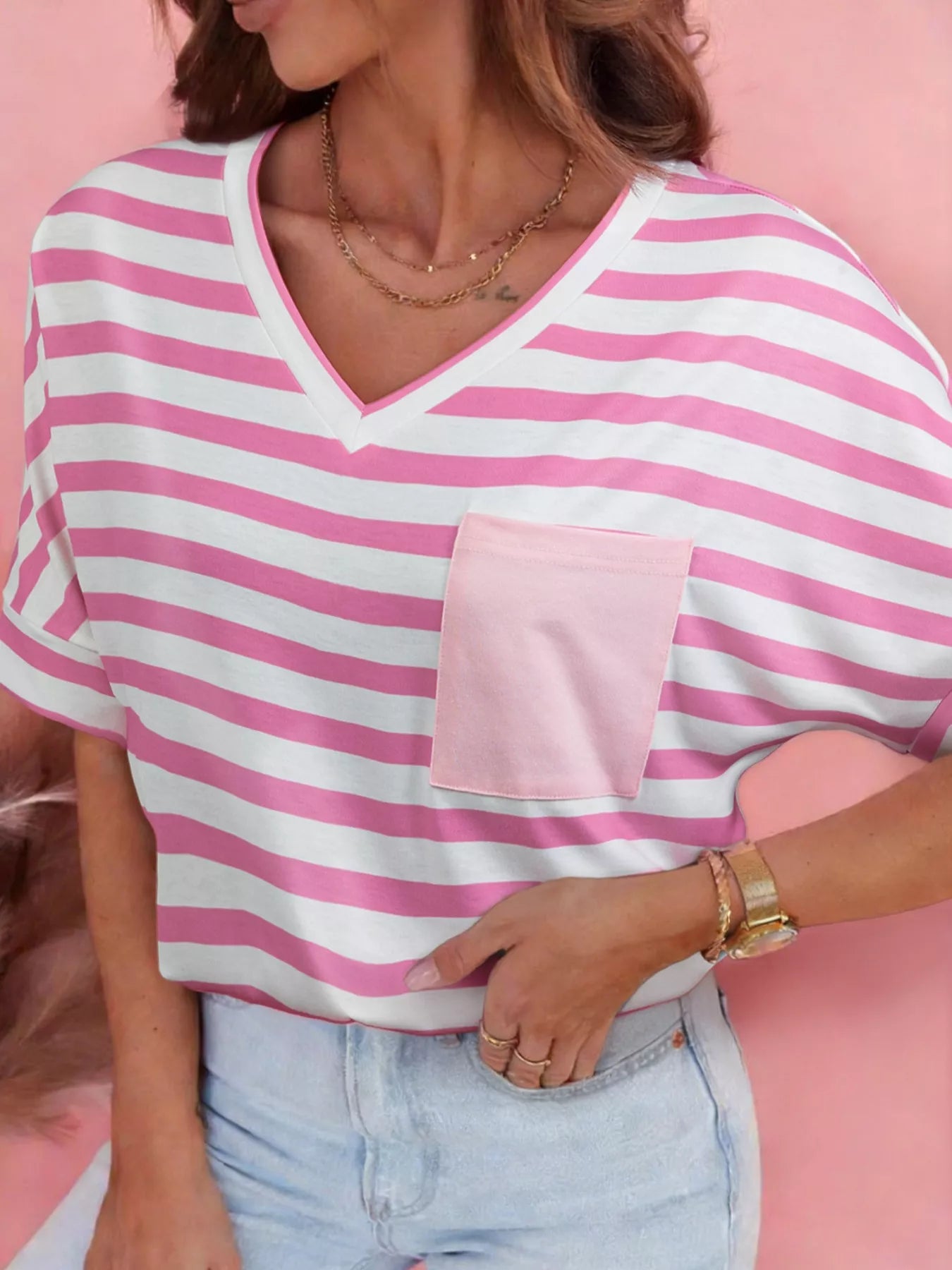 Sarah Express Women's Striped V-Neck Pocket T-Shirt Casual Short Sleeve Top Dusty Pink