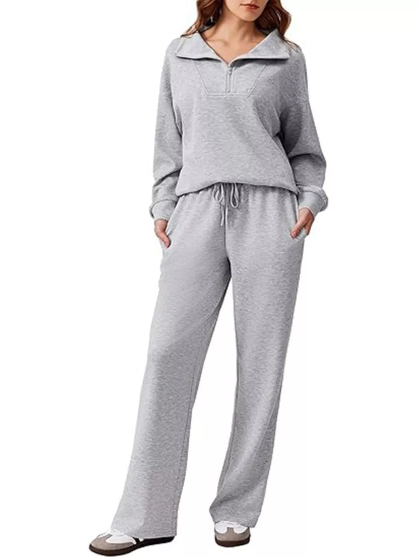Sarah Express Women's Zip Collar Dropped Shoulder Top and Pants Set Light Gray