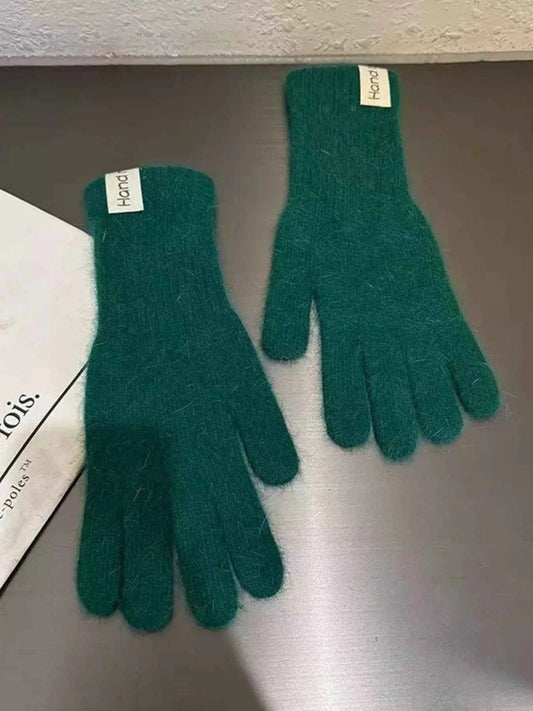 Sarah Express Women's Knitted Winter Gloves - Rabbit Fur Warm Gloves Dark Green ONESIZE