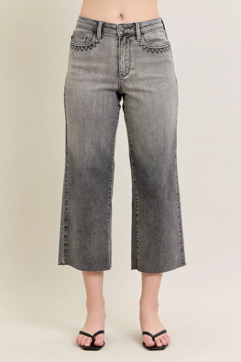 Sarah Express Women’s Plus Size High Rise Cropped Wide Leg Jeans with Embroidery
