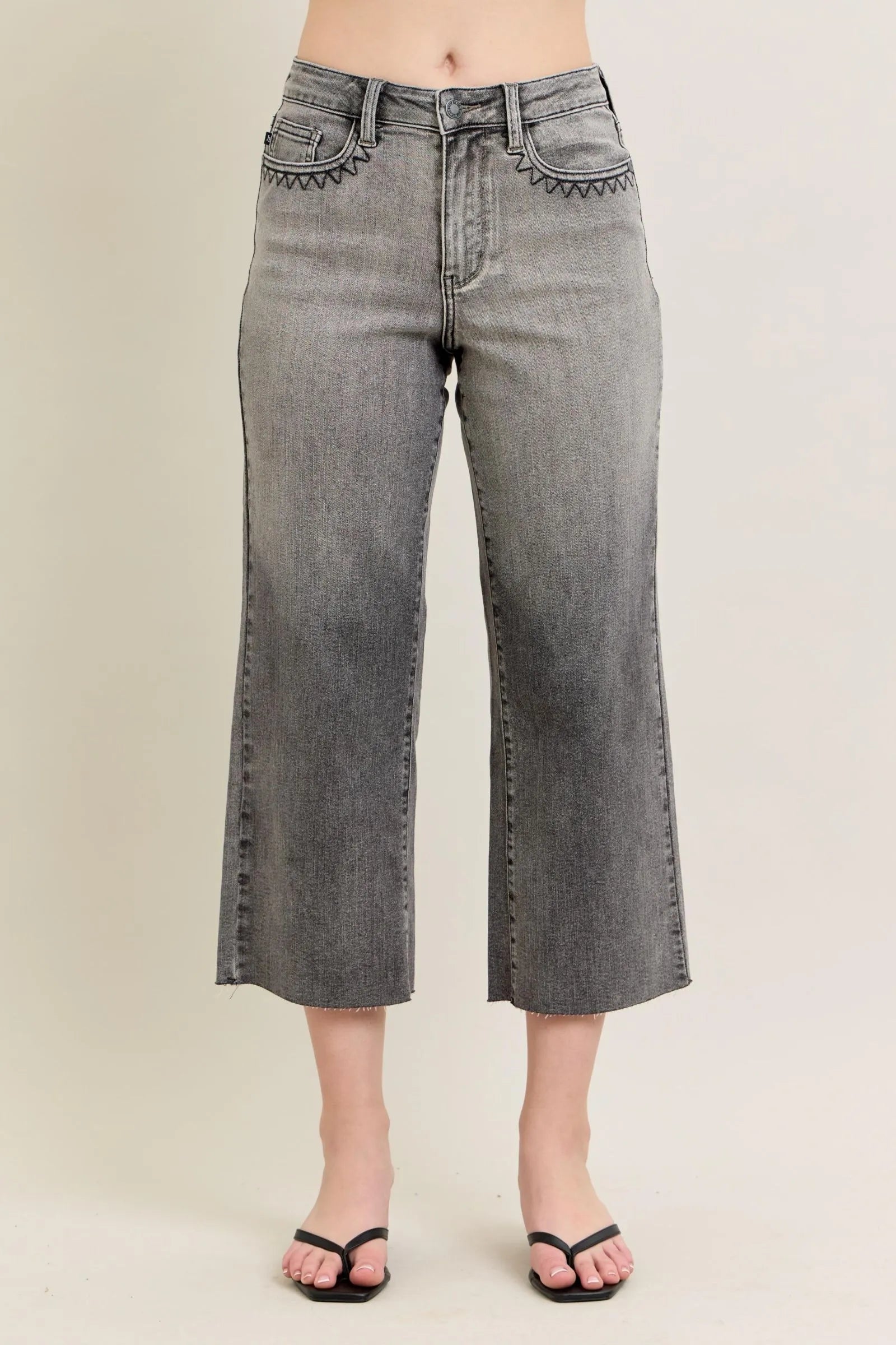 Sarah Express Women’s Plus Size High Rise Cropped Wide Leg Jeans with Embroidery
