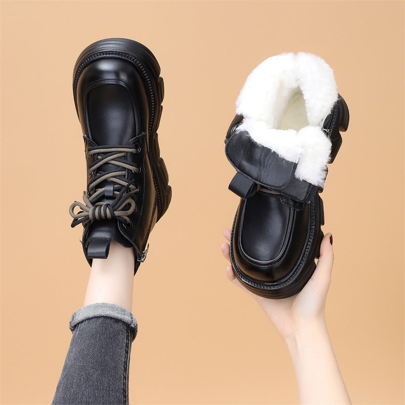 Sarah Express Women's Wool-Lined Waterproof Genuine Leather Winter Boots | Warm Mid-Heel Low Shaft Boots Black