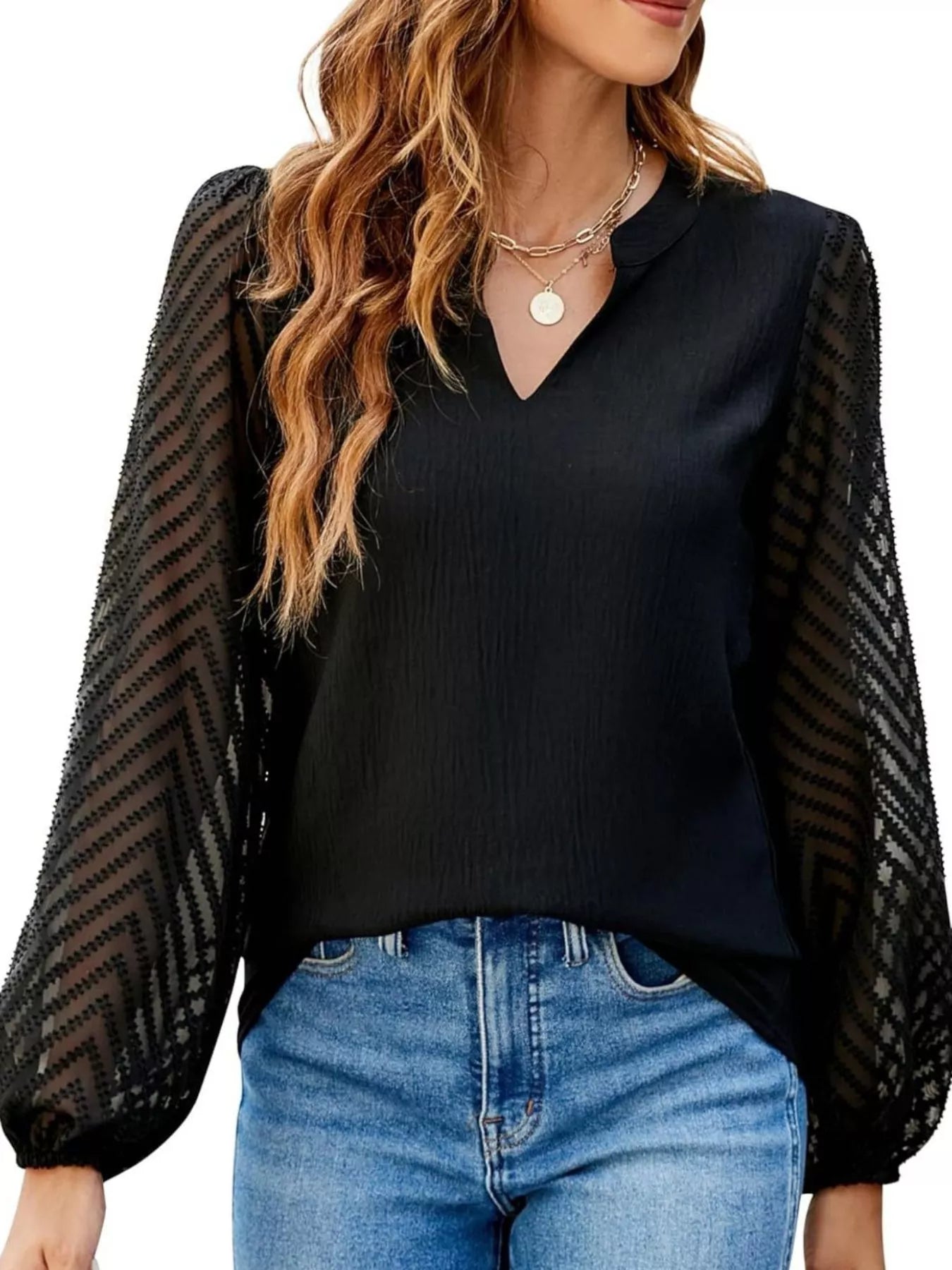 Sarah Express Women's Notched Balloon Sleeve Blouse Black