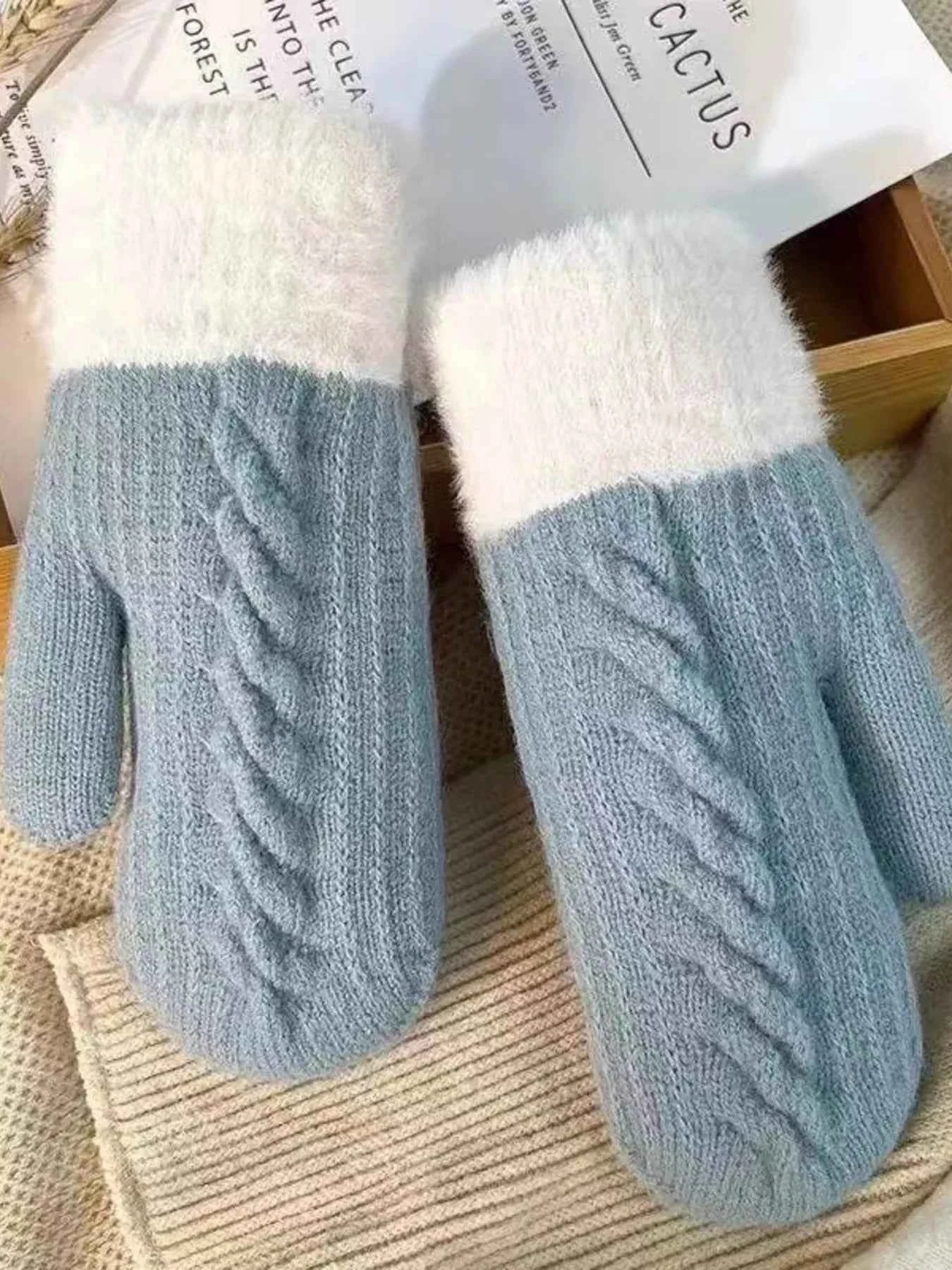 Sarah Express Women's Cozy Knit Mittens with Fur Cuff - Winter Gloves