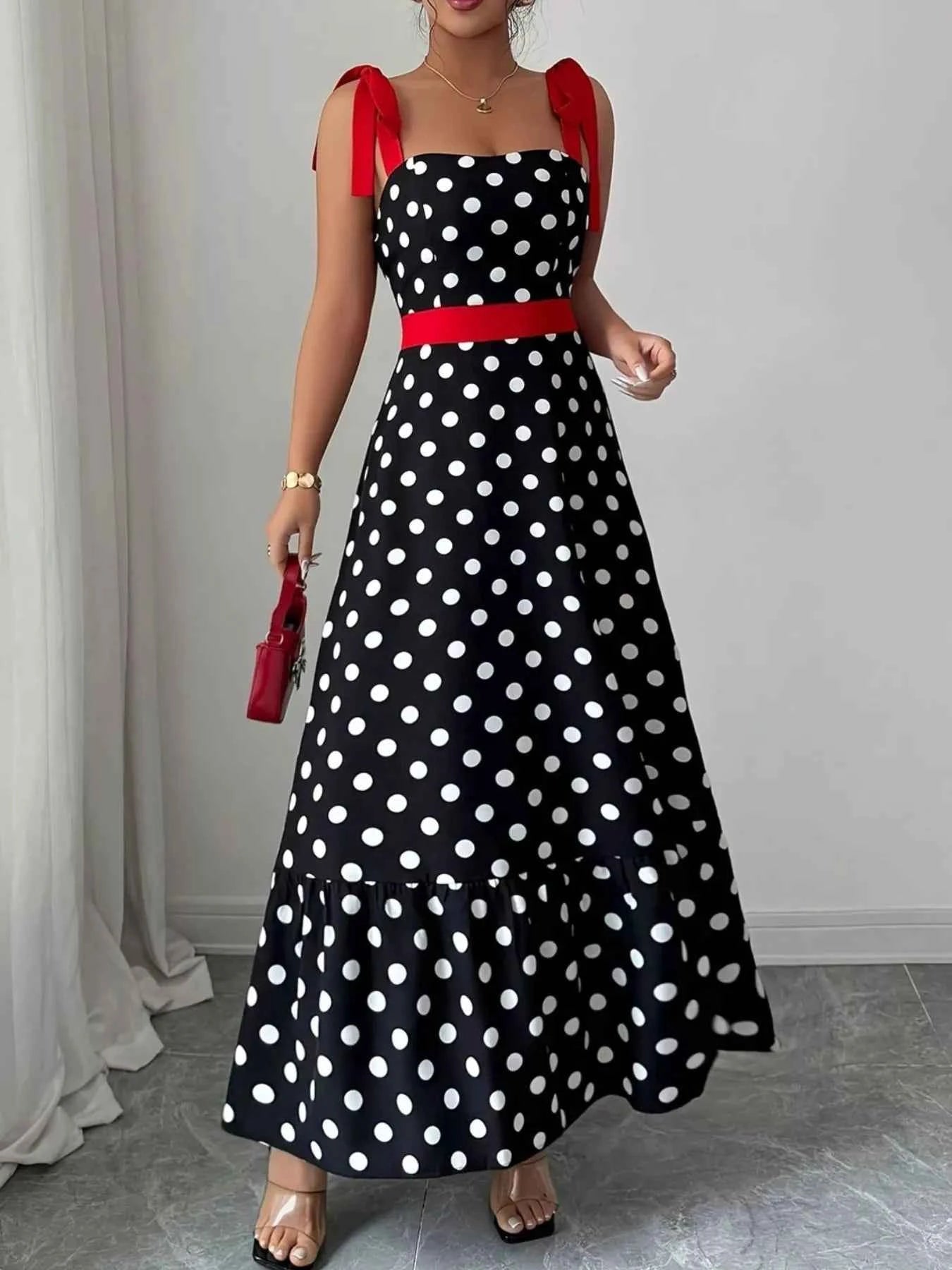 Sarah Express Women's Polka Dot Tie Strap Maxi Dress - Sleeveless Summer Dress