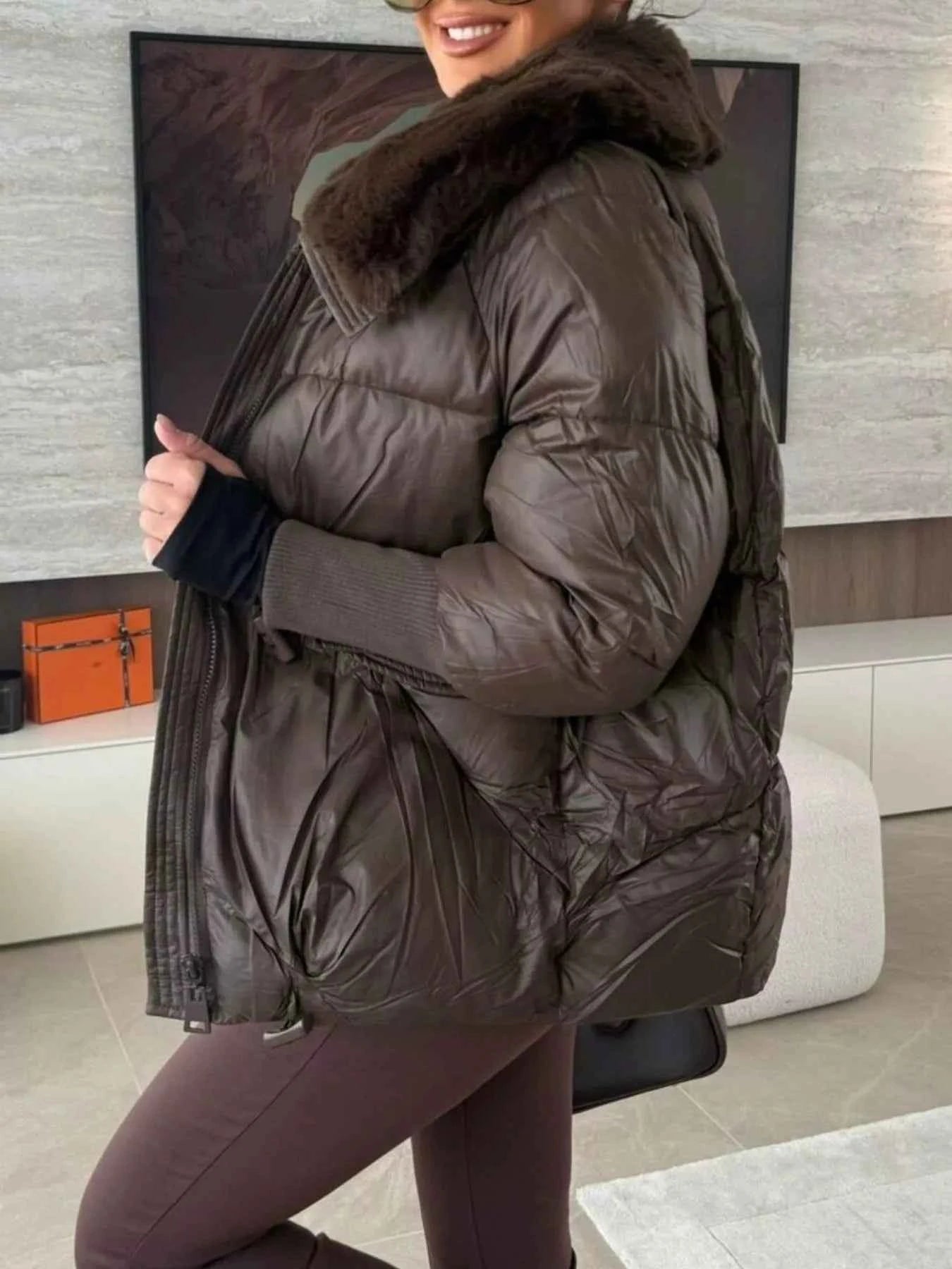 Sarah Express Women's Fur Collar Padded Puffer Jacket - Warm Winter Coat with Zipper Pockets