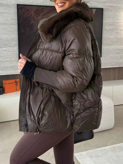 Sarah Express Women's Fur Collar Padded Puffer Jacket - Warm Winter Coat with Zipper Pockets