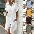 Women's Button-Front Shirt Dress Short Sleeve Mid-Length Loose Fit
