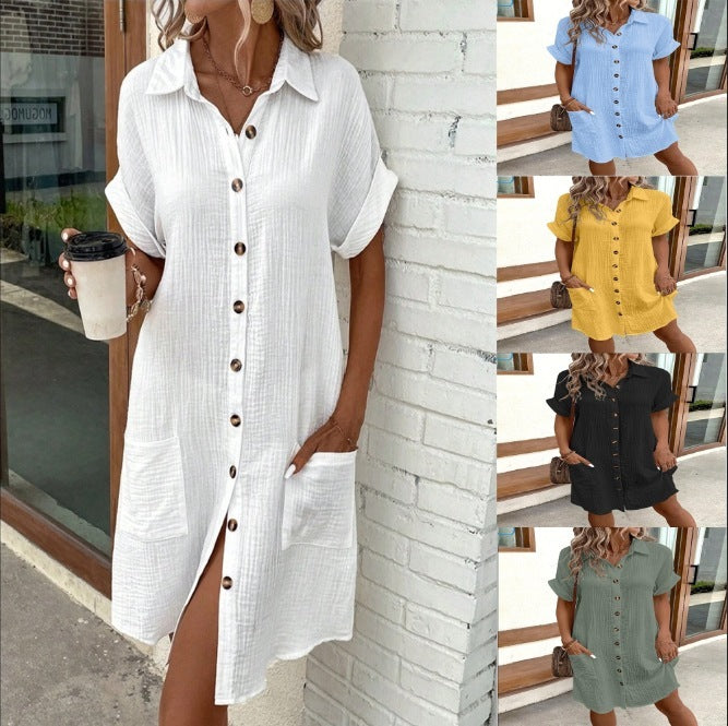 Women's Button-Front Shirt Dress Short Sleeve Mid-Length Loose Fit